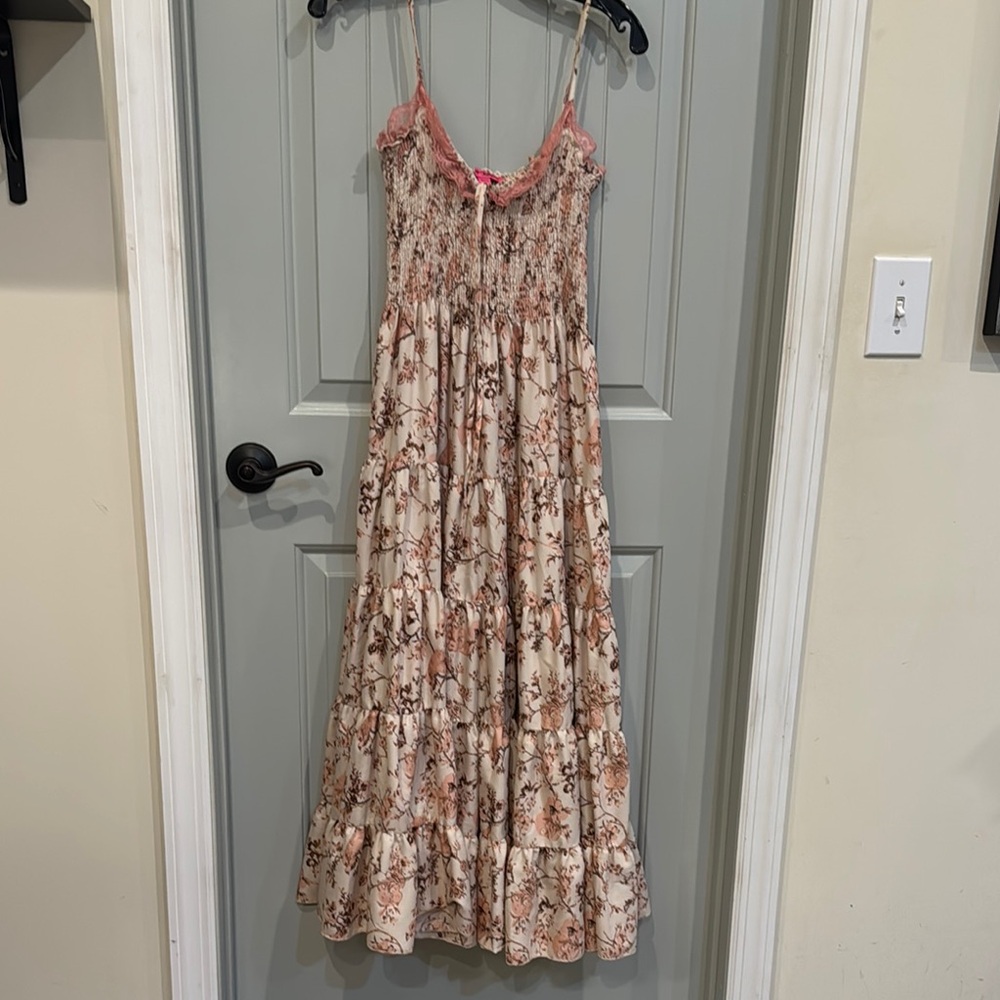 Betsey Johnson Pink and Cream Ruffled Maxi Sundress
